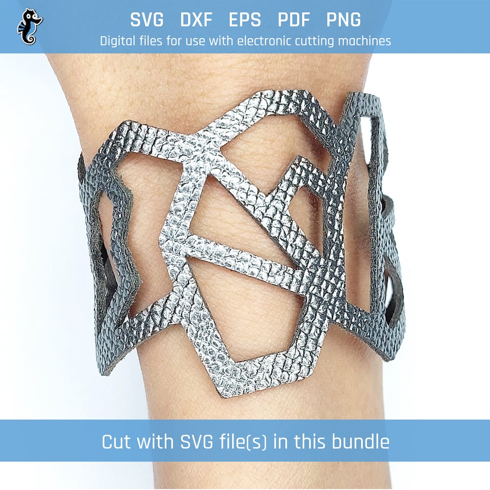 Fragments Pattern SVG bracelet bundle demo 1 Example of leather bracelet cut from SVG design file in this bundle.